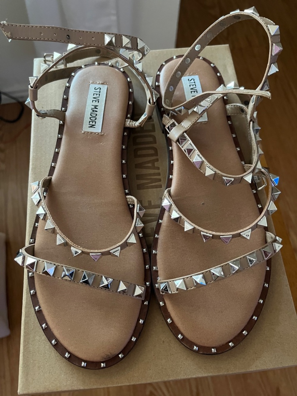 Steve Madden Tan Strappy Sandals with Silver Pyramid Studs